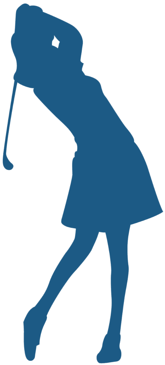 A blue silhouette of a person playing golf.
