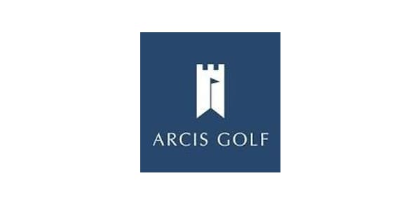 A blue square with the words arcis golf written underneath it.
